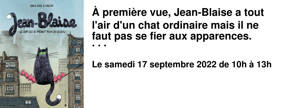 � premi�re vue, Jean-Blaise a tout l'air d'un chat ordinaire mais il ne faut pas se fier aux apparences. Jean-Blaise dort assis, la t�te pench�e et dissimul�e sous sa patte gauche, comme un h�ron. Quand il marche dans une mare, il secoue ses pattes l'une apr�s l'autre pour les �goutter comme le font les petits canards. D�bute une qu�te identitaire singuli�re. Jean-Blaise sera-t-il enfin reconnu pour l'oiseau qu'il est ? Jean-Blaise aborde avec humour une th�matique s�rieuse : l'acceptation de soi. Emilie Bor� a notamment publi� deux livres pour enfants. 