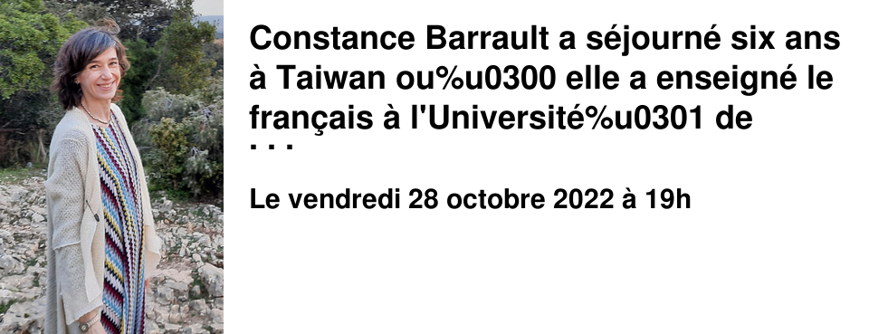 Constance Barrault a s�journ� six ans � Taiwan ou%u0300 elle a enseign� le fran�ais � l'Universit�%u0301 de Taipei et appris le chinois tout en suivant une formation de conf�renci�re au Mus�e national du Palais. Dipl�m�e de l'Institut national des Langues et Civilisations orientales en langue chinoise, elle enseigne l'art et les civilisations orientales � Jussieu et donne des conf�rences au Mus�e Cernuschi et au Mus�e Guimet. Constance Barreault relate dans Ta�wan et moi sa d�couverte de Ta�wan et de l'univers chinois, dont elle nous d�livre de nombreuses clefs. 