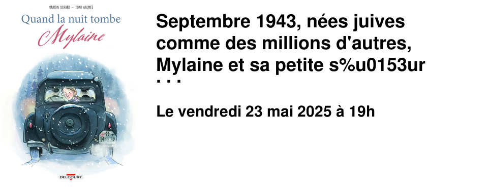 Septembre+1943,+n�es+juives+comme+des+millions+d'autres,+Mylaine+et+sa+petite+s%u0153ur+Lisou+se+cachent+avec+leur+famille+dans+un+chalet+�+douze+kilom�tres+de+Grenoble.+Mais+le+destin+les+rattrape+et+les+s�pare+:+Lisou+s'�chappe+tandis+que+Mylaine+est+arr�t�e+par+les+Nazis+avant+d'�tre+d�port�e+dans+un+camp+de+concentration+en+Pologne.+Ce+r�cit+est+son+histoire. Marion+Achard+et+Toni+Galm�s+sont+les+invit�s+du+Festival+du+livre+de+jeunesse+et+de+bande+dessin�e+de+Cherbourg-en-Cotentin.