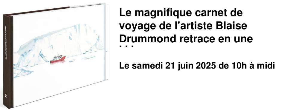 Le+magnifique+carnet+de+voyage+de+l'artiste+Blaise+Drummond+retrace+en+une+centaine+de+dessins+in�dits,+la+travers�e+de+l'Arctique+qu'il+a+effectu�e.+Le+peintre+croque+les+paysages+et+animaux+qui+ont+crois�+sa+route,+le+long+du+cercle+polaire.+Islande,+Groenland+et+Norv�ge,+autant+d'espaces+qui,+�+travers+le+regard+de+l'artiste,+ses+peintures+d�licates,+deviennent+pour+le+lecteur+mati�re+�+r�flexion.+La+librairie+vous+invite+�+rencontrer+cet+artiste+et+�+dialoguer+avec+lui...+un+moment+exceptionnel+! 